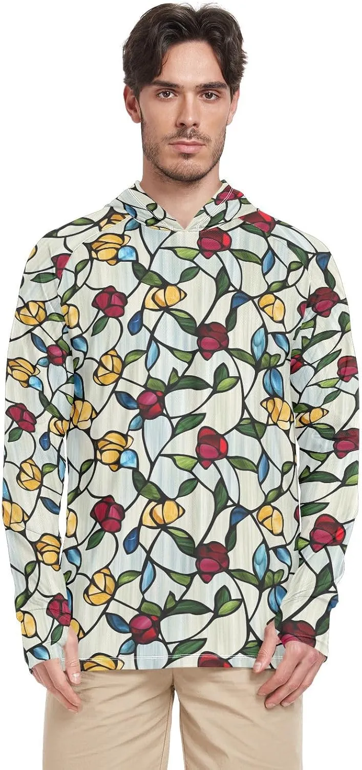 Color Oil Painting Sense Flowers Mens Sun Protection Hoodie Long Sleeve UPF 50   Mens Sun Shirts Quick-Dry UV Hooded Rash Guard Sun Proof Shirts Camisas para trabajar en el sol