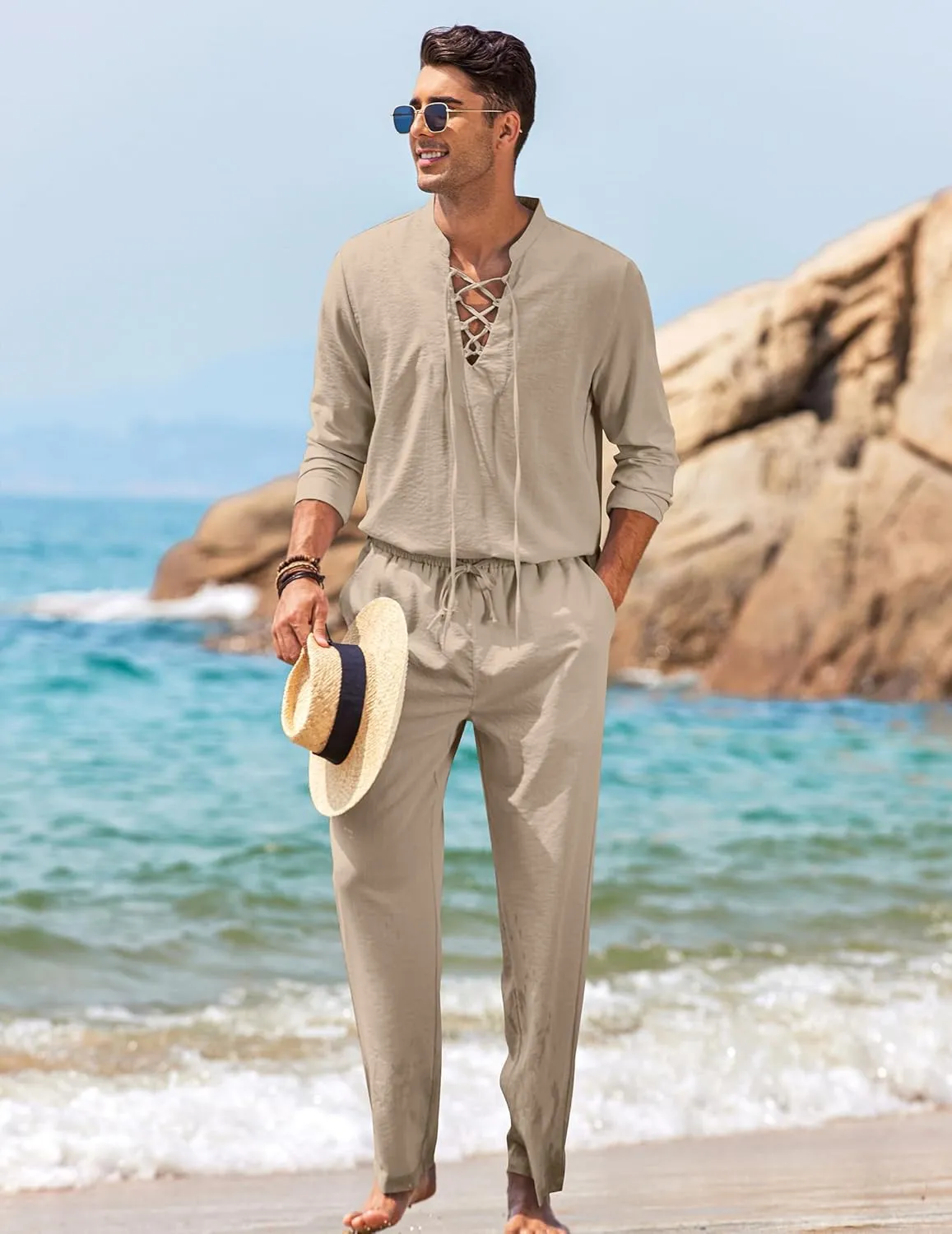 COOFANDY Men's 2 Piece Linen Set Long Sleeve Henley Shirts Casual Beach Pants With Pockets Summer Yoga Outfits