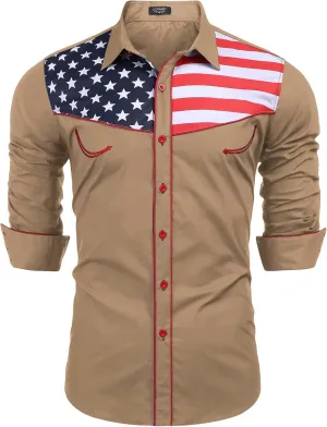 COOFANDY Men's Casual American Flag Button Down Shirts Slim Fit Long Sleeve Shirt