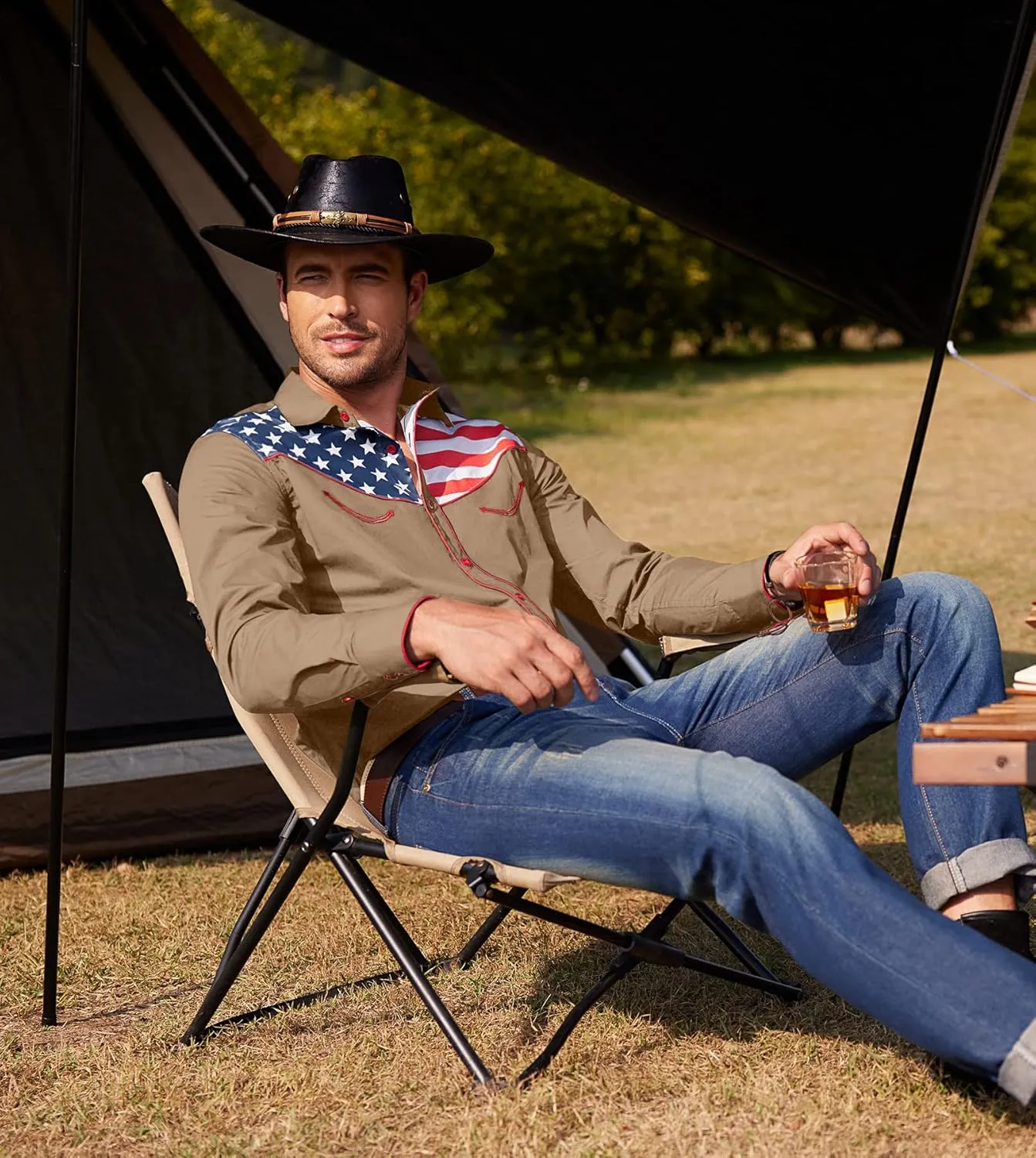 COOFANDY Men's Casual American Flag Button Down Shirts Slim Fit Long Sleeve Shirt