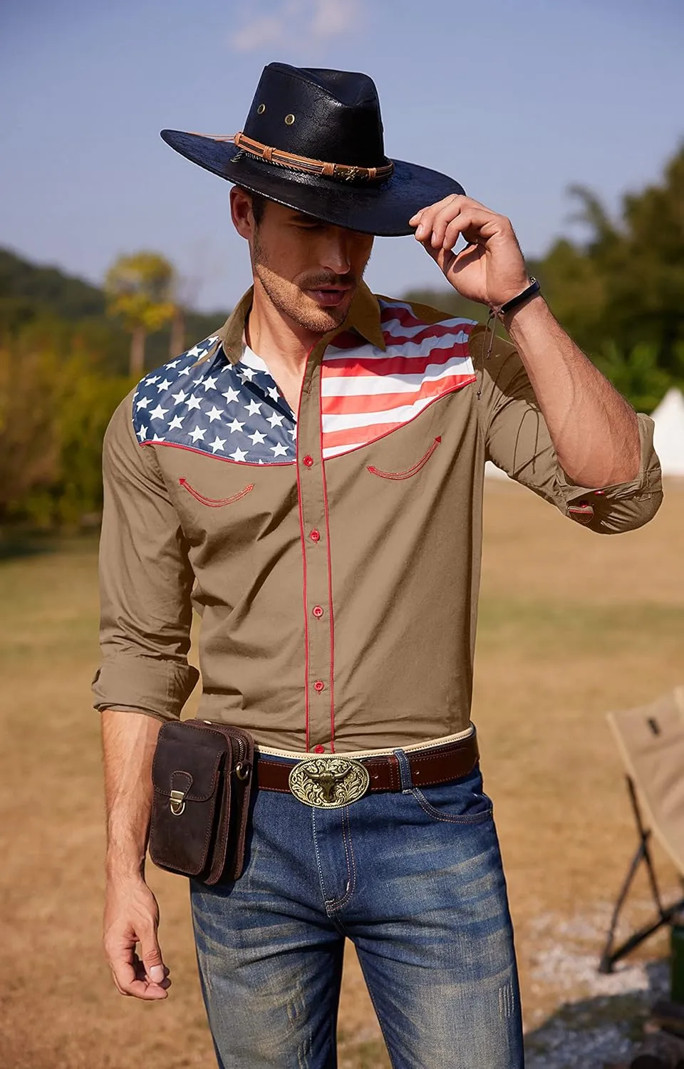 COOFANDY Men's Casual American Flag Button Down Shirts Slim Fit Long Sleeve Shirt