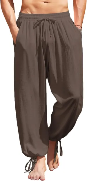 COOFANDY Men's Cotton Linen Pants Casual Harem Pants Elastic Waist Beach Boho Yoga Trousers