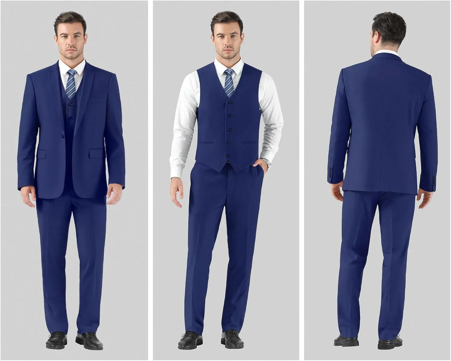 Cooper & Nelson Men's 3 Piece Slim Fit Suit Set, One Button Solid Jacket Vest Pants with Tie
