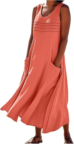 Cotton Linen Dresses for Women 2025 Summer Long Dress Sleeveless Flowy Plus Size Loose Tank Sundress with Pockets