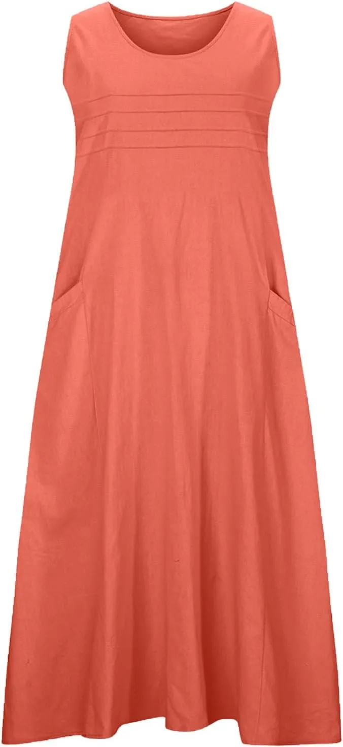 Cotton Linen Dresses for Women 2025 Summer Long Dress Sleeveless Flowy Plus Size Loose Tank Sundress with Pockets