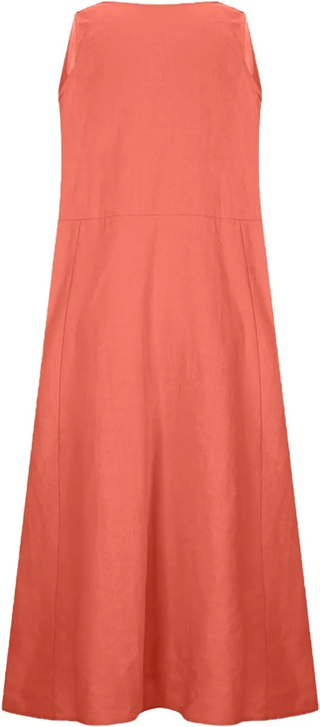 Cotton Linen Dresses for Women 2025 Summer Long Dress Sleeveless Flowy Plus Size Loose Tank Sundress with Pockets