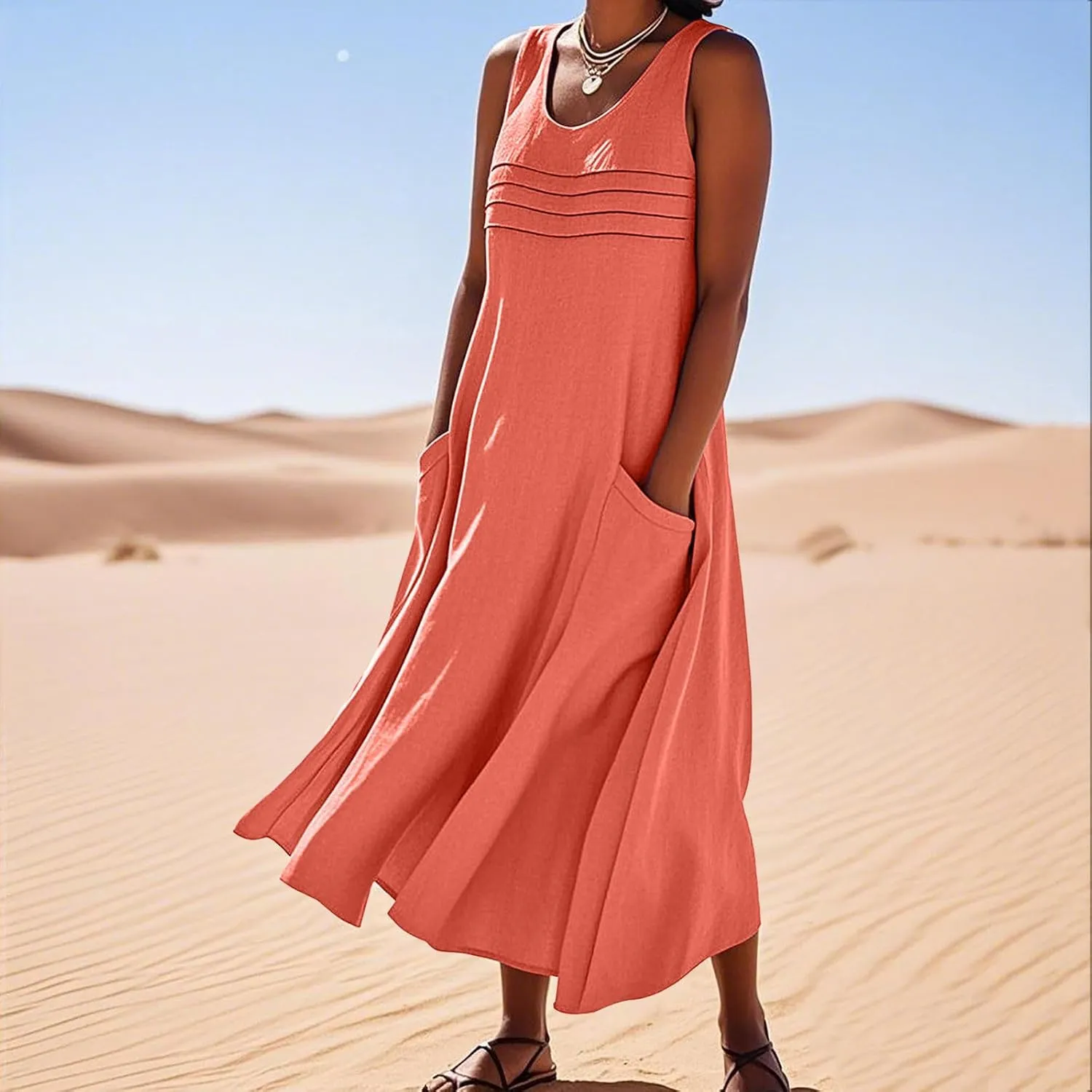 Cotton Linen Dresses for Women 2025 Summer Long Dress Sleeveless Flowy Plus Size Loose Tank Sundress with Pockets