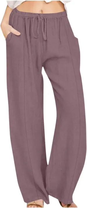 Cotton Linen Pants for Women Drawstring Waist Wide Leg Lounge Palazzo Pants Summer Casual Loose Trousers