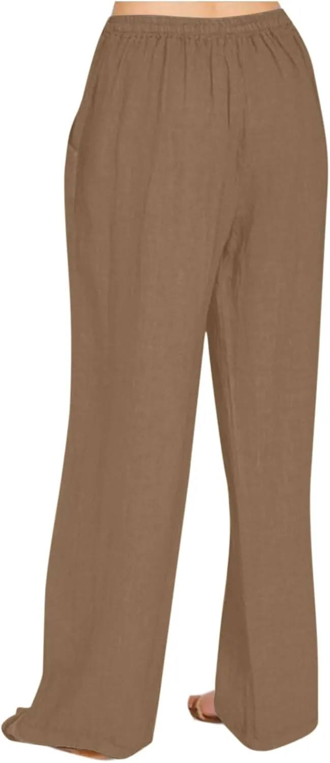 Cotton Linen Pants for Women Drawstring Waist Wide Leg Lounge Palazzo Pants Summer Casual Loose Trousers