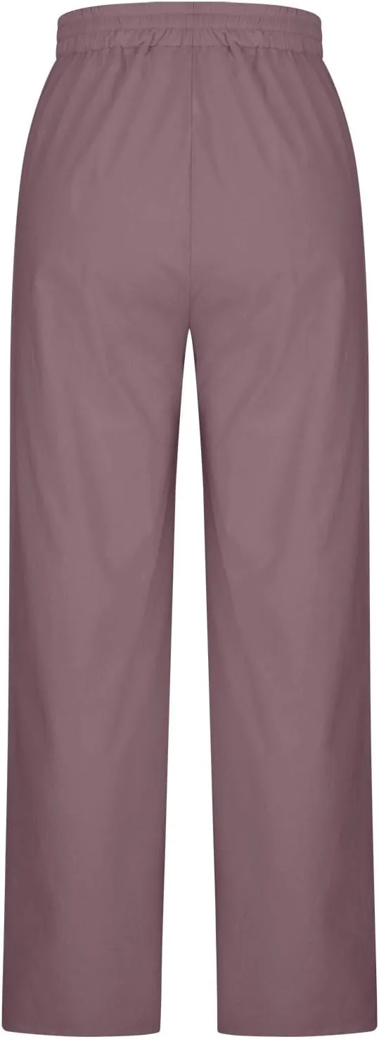Cotton Linen Pants for Women Drawstring Waist Wide Leg Lounge Palazzo Pants Summer Casual Loose Trousers