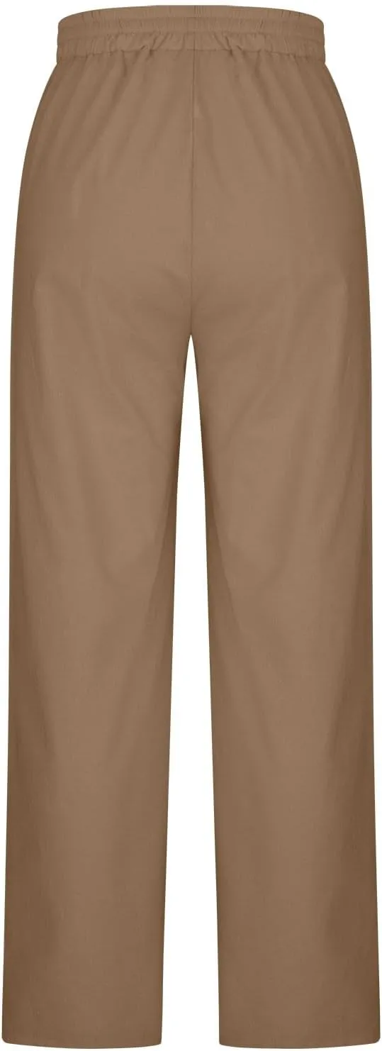Cotton Linen Pants for Women Drawstring Waist Wide Leg Lounge Palazzo Pants Summer Casual Loose Trousers
