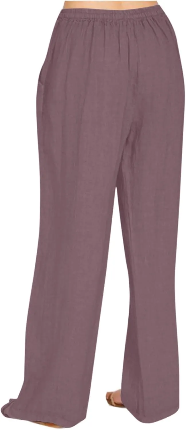 Cotton Linen Pants for Women Drawstring Waist Wide Leg Lounge Palazzo Pants Summer Casual Loose Trousers