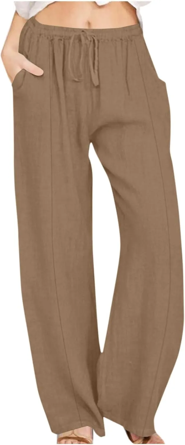 Cotton Linen Pants for Women Drawstring Waist Wide Leg Lounge Palazzo Pants Summer Casual Loose Trousers