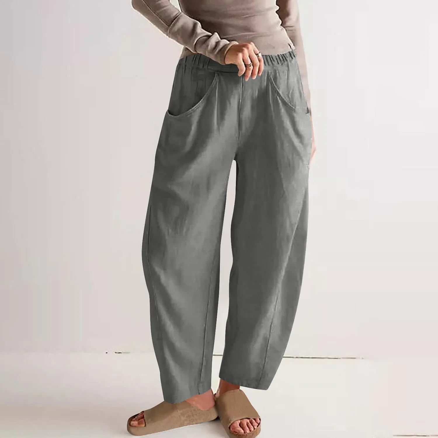 Cotton Linen Pants for Women Wide Leg Lounge Trousers Elastic High Waist Casual Summer Beach Pants Vacation Outfits