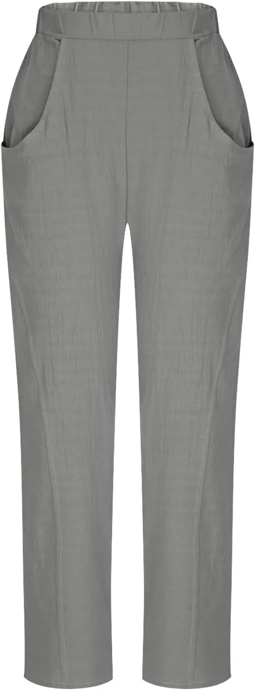 Cotton Linen Pants for Women Wide Leg Lounge Trousers Elastic High Waist Casual Summer Beach Pants Vacation Outfits