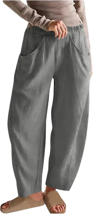 Cotton Linen Pants for Women Wide Leg Lounge Trousers Elastic High Waist Casual Summer Beach Pants Vacation Outfits
