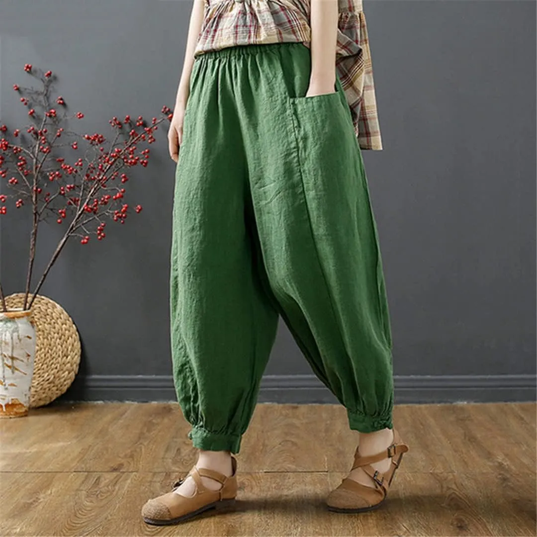 Cotton Linen Solid Harem Pants Women Casual Loose Beam Ankle Pant Vintage Pockets Trousers