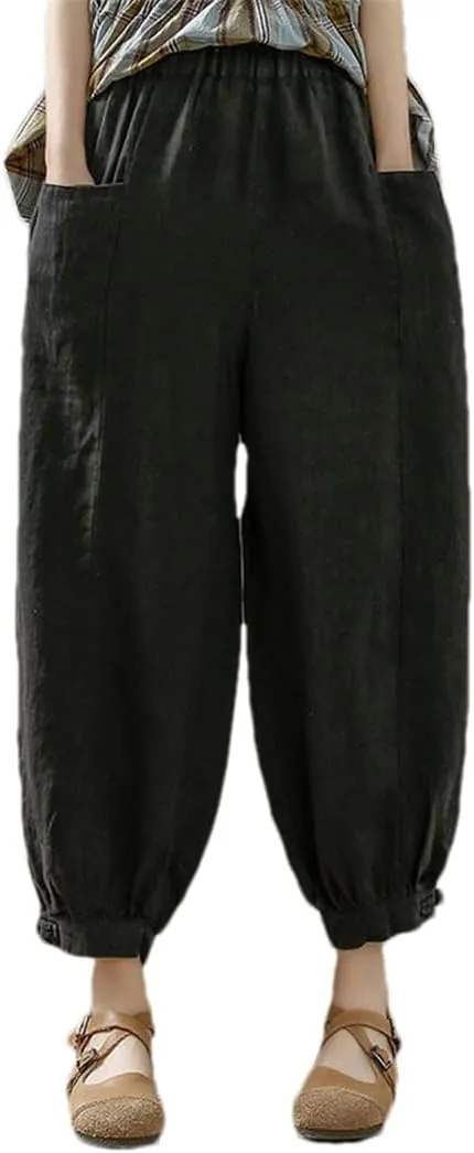 Cotton Linen Solid Harem Pants Women Casual Loose Beam Ankle Pant Vintage Pockets Trousers