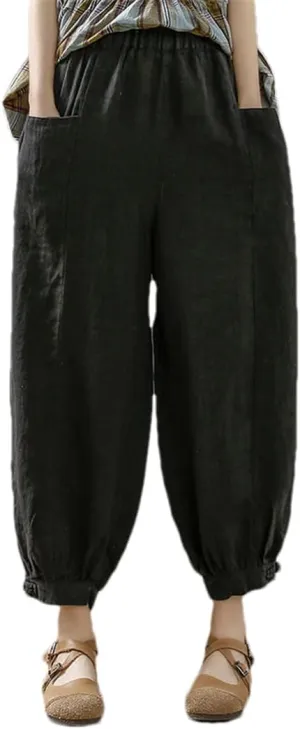 Cotton Linen Solid Harem Pants Women Casual Loose Beam Ankle Pant Vintage Pockets Trousers