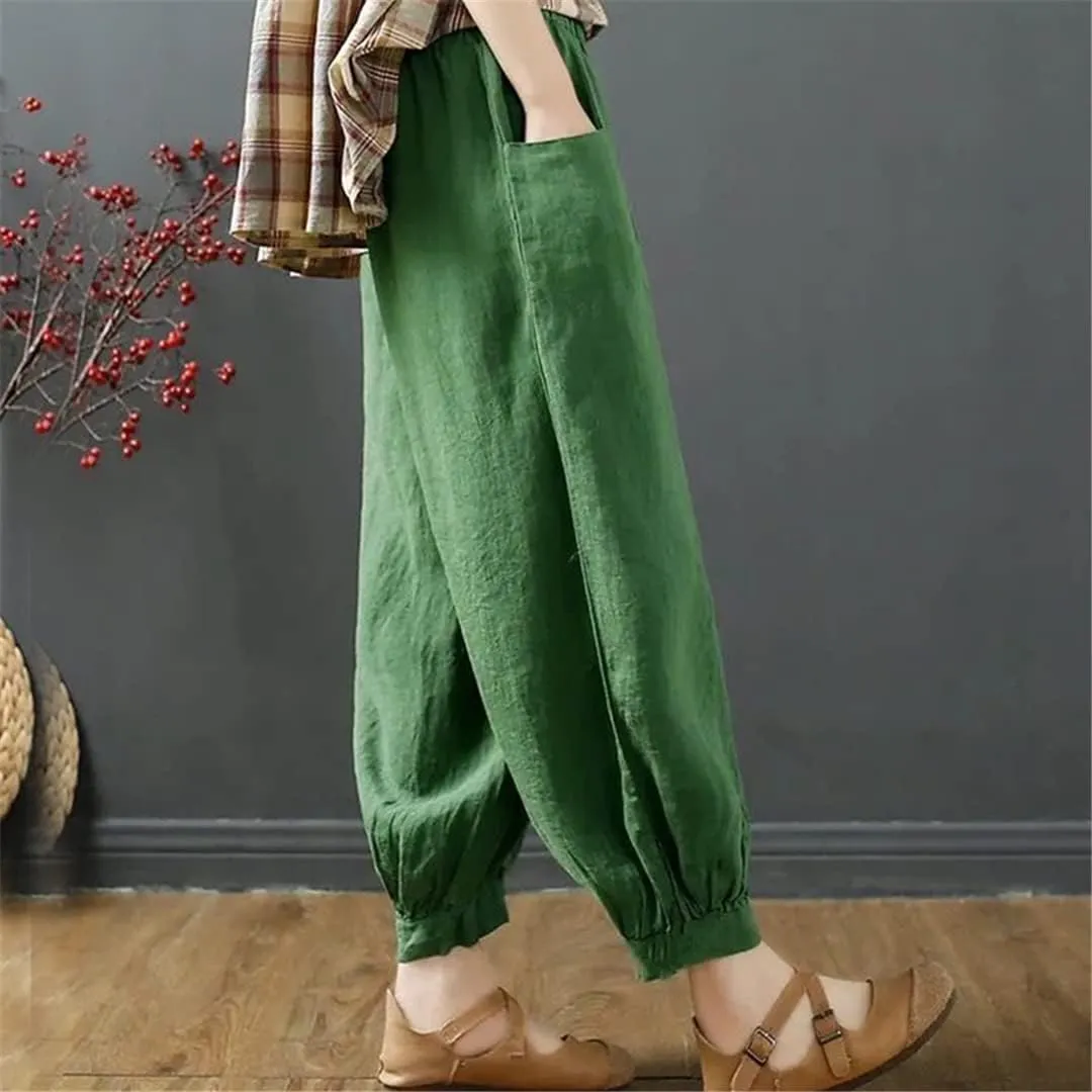 Cotton Linen Solid Harem Pants Women Casual Loose Beam Ankle Pant Vintage Pockets Trousers
