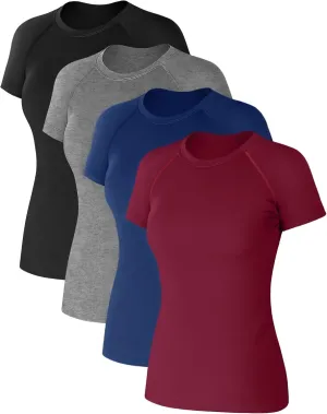 Coume 4 Pack Women's Compression Shirts Short Sleeve Workout Tops Running Athletic Yoga T-Shirt for Gym Sports Gear Dry Fit