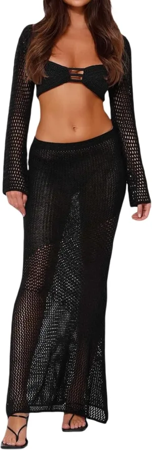 Crochet Knit 2 Piece Skirt Sets for Women Summer Hollow Out Crop Top Bodycon High Waist Maxi Skirt Sets Beach Dress