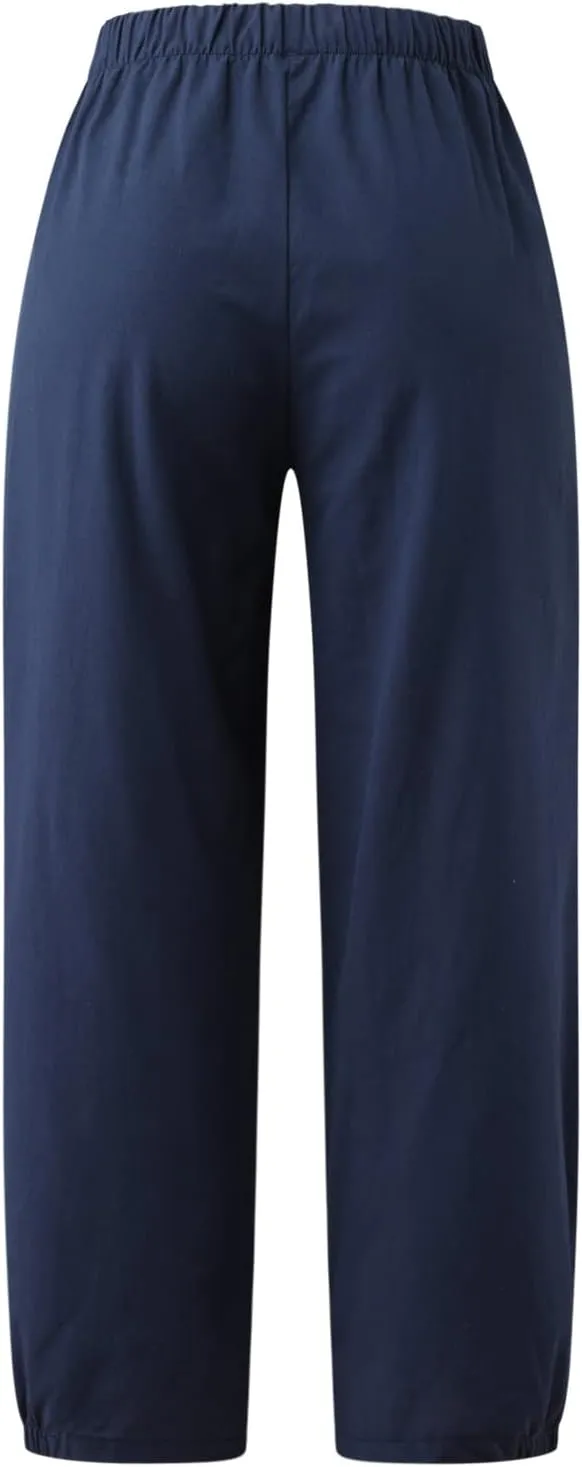 Cropped Linen Pants for Women Casual Loose Fit Elastic Waist Wide Led Summer Pants Straight Leg Lounge Trousers