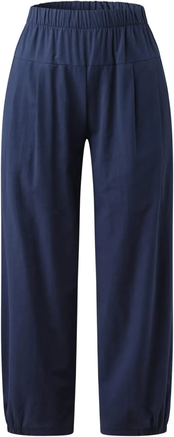 Cropped Linen Pants for Women Casual Loose Fit Elastic Waist Wide Led Summer Pants Straight Leg Lounge Trousers