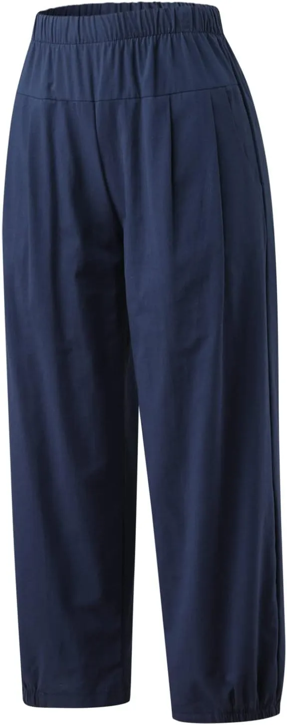 Cropped Linen Pants for Women Casual Loose Fit Elastic Waist Wide Led Summer Pants Straight Leg Lounge Trousers