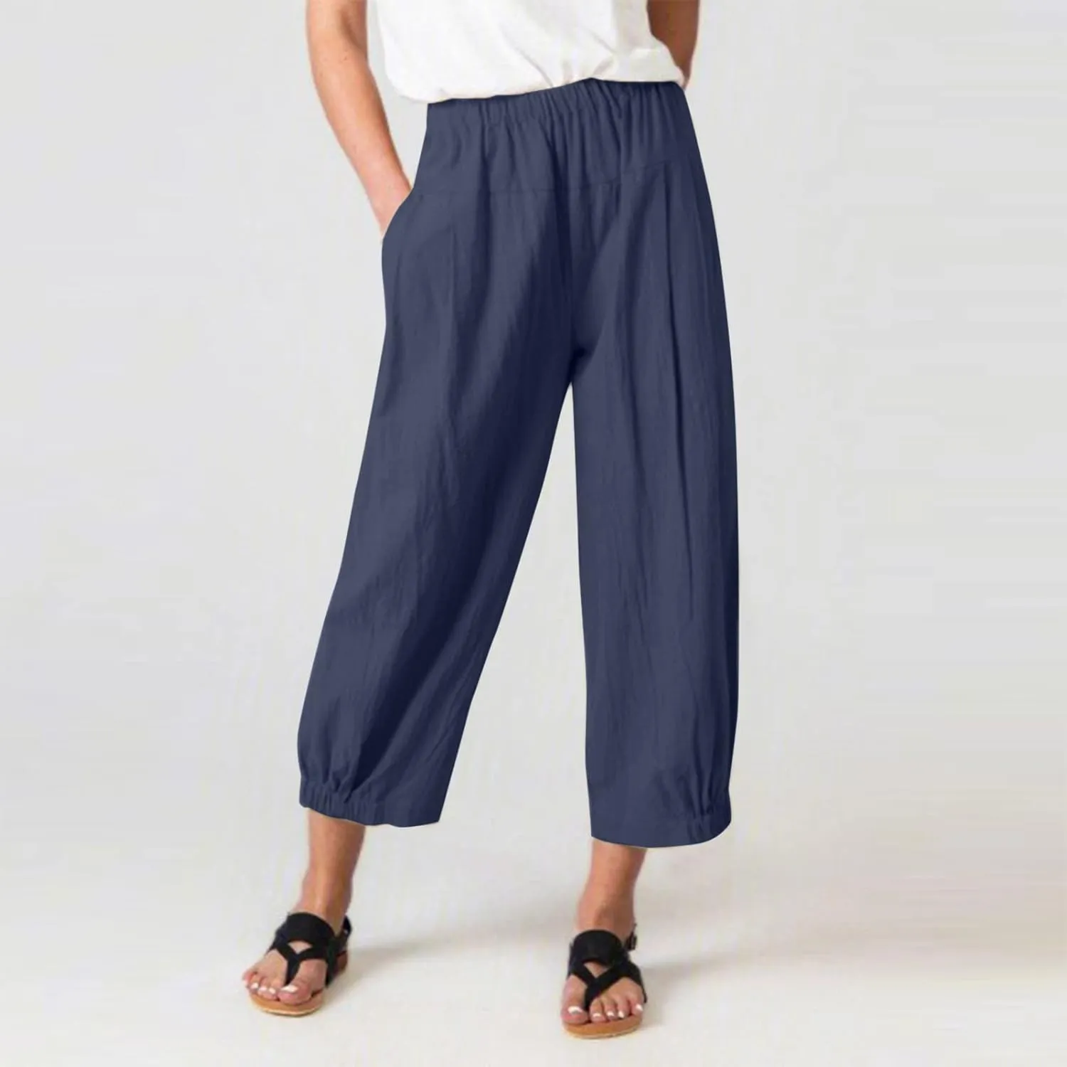 Cropped Linen Pants for Women Casual Loose Fit Elastic Waist Wide Led Summer Pants Straight Leg Lounge Trousers