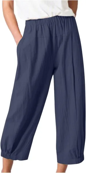 Cropped Linen Pants for Women Casual Loose Fit Elastic Waist Wide Led Summer Pants Straight Leg Lounge Trousers
