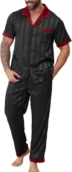 DEARCASE Mens Pajamas Set Satin Silk For Men Sexy Nightwear Sleepwear Long Pants Button Down Pajama 2 Piece