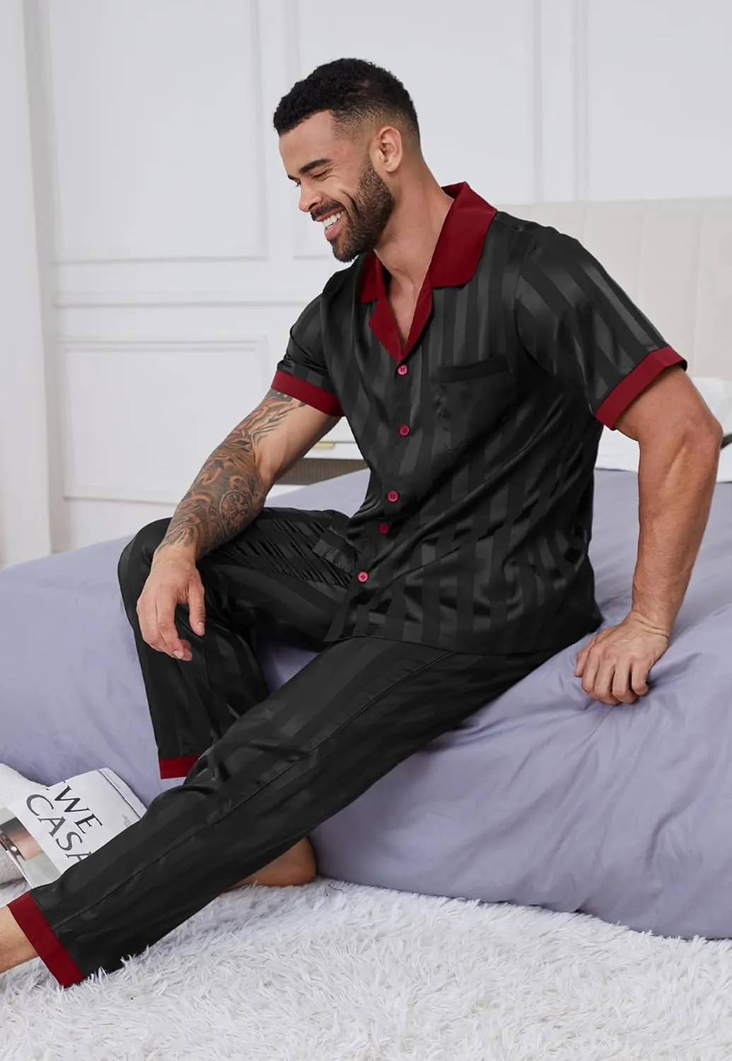 DEARCASE Mens Pajamas Set Satin Silk For Men Sexy Nightwear Sleepwear Long Pants Button Down Pajama 2 Piece