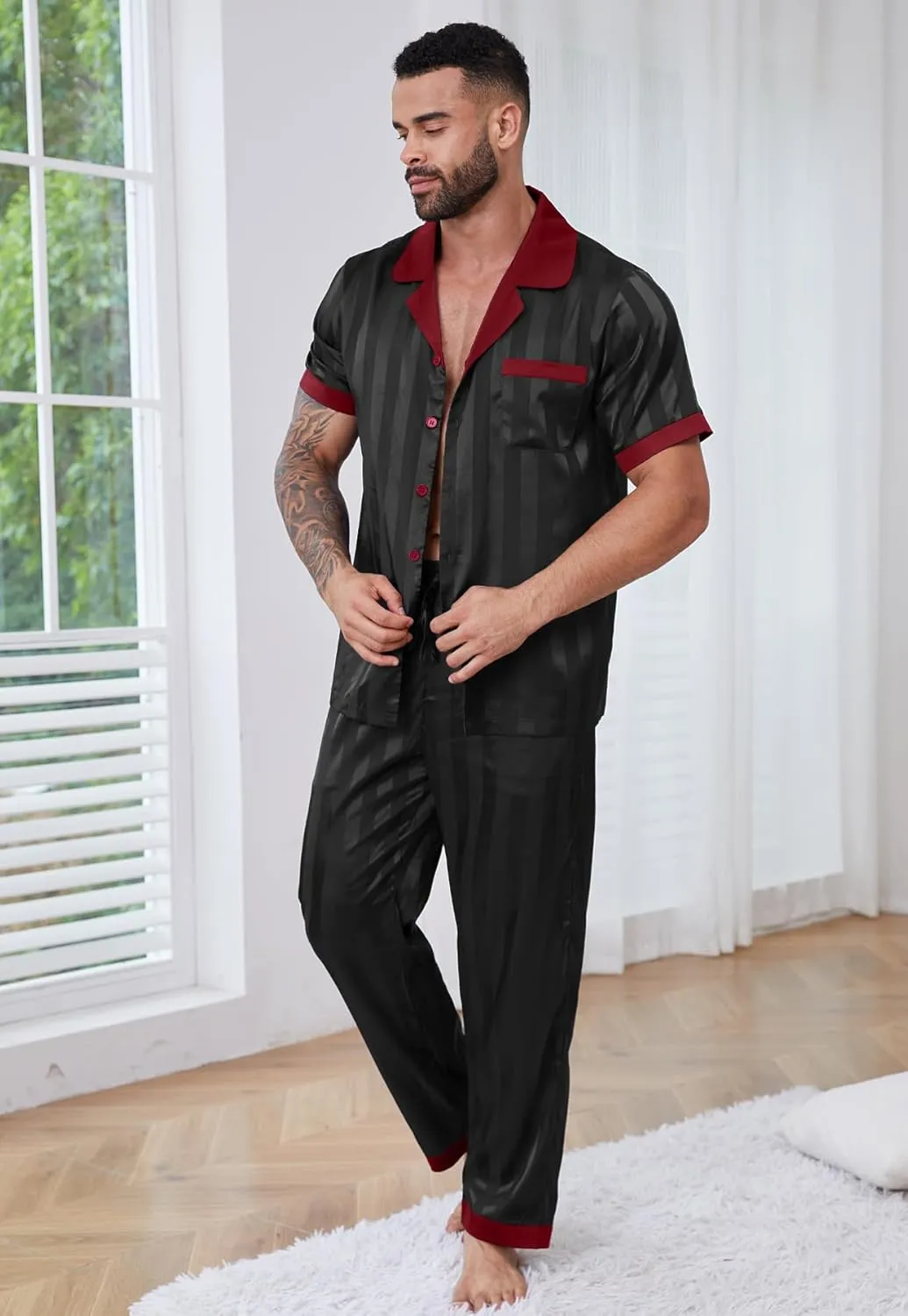 DEARCASE Mens Pajamas Set Satin Silk For Men Sexy Nightwear Sleepwear Long Pants Button Down Pajama 2 Piece