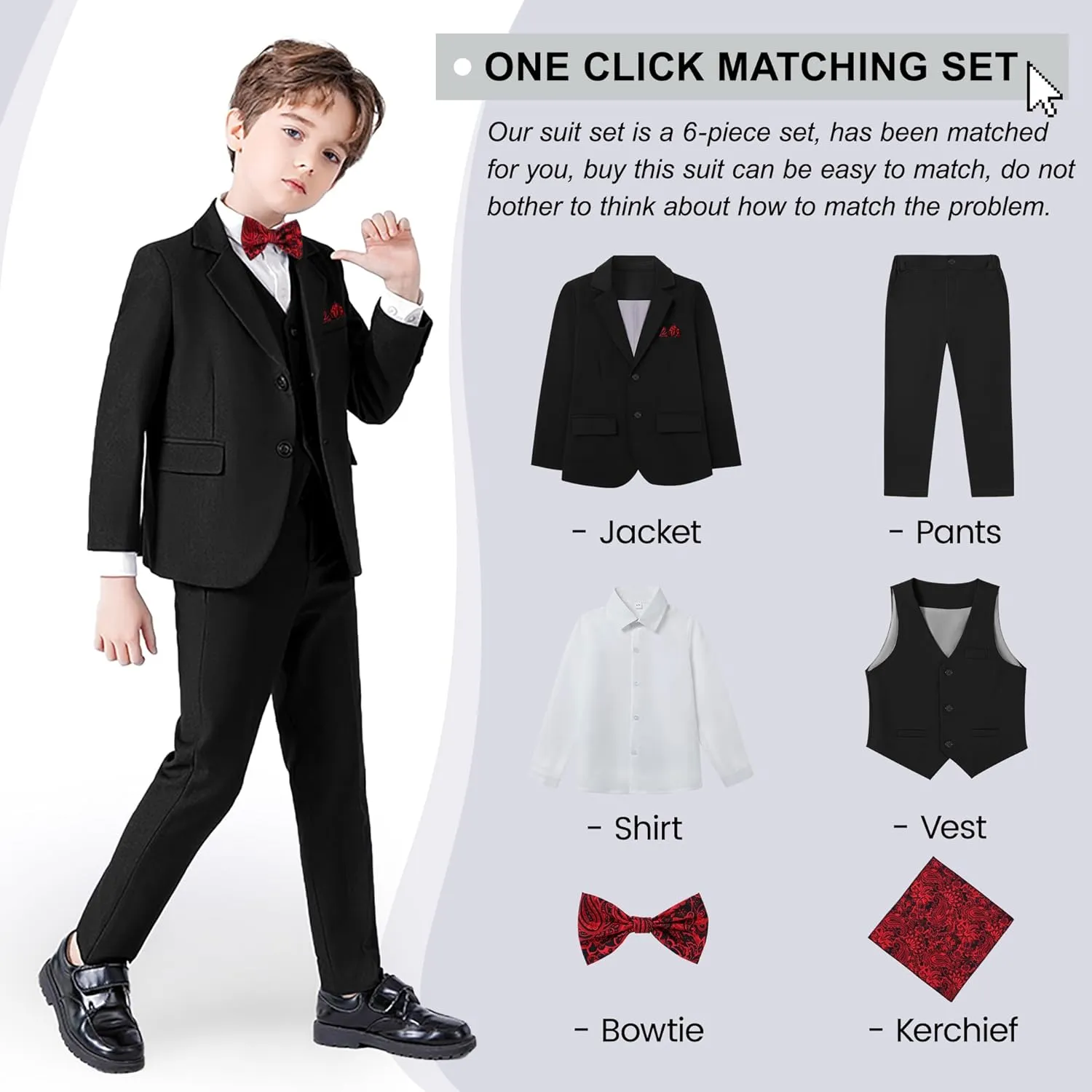 DISAUR Boy Suit 6 Pcs Boy Formal Wear Including Vest,Pants, Dress Shirt,Kerchief and Bow Tie for Formal Occasions 6-10 Years