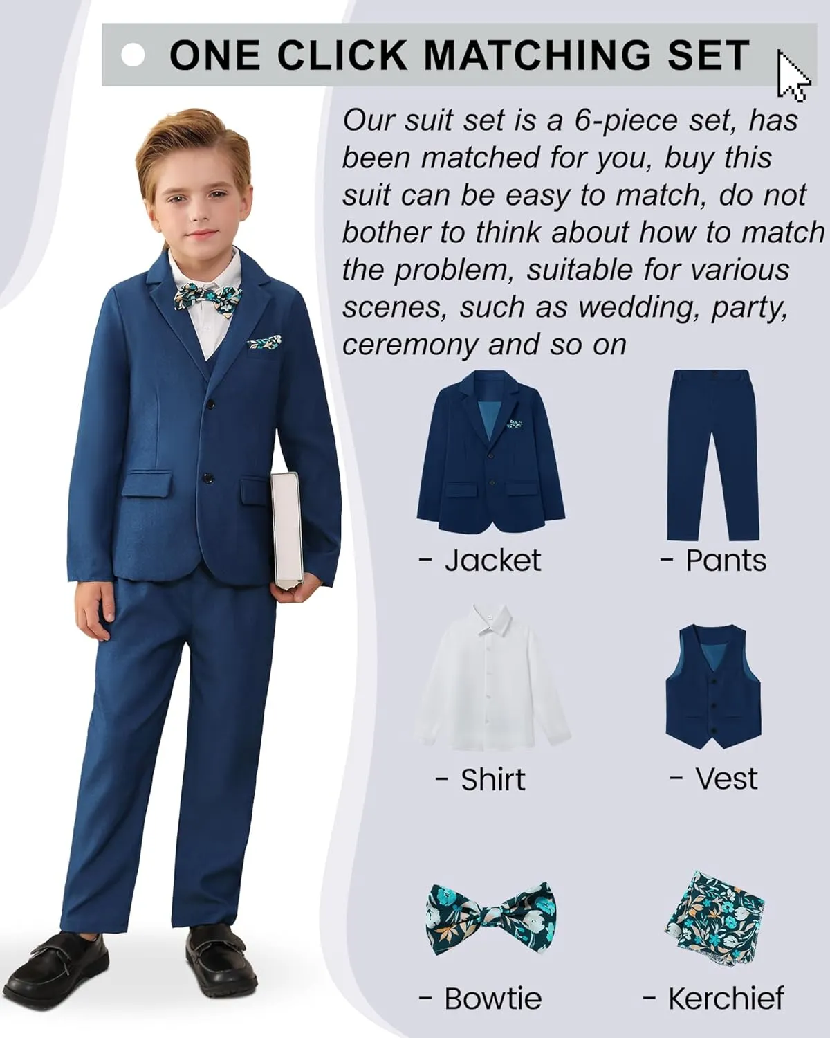 DISAUR Boy Suit 6 Pcs Boy Formal Wear Including Vest,Pants, Dress Shirt,Kerchief and Bow Tie for Formal Occasions 6-10 Years