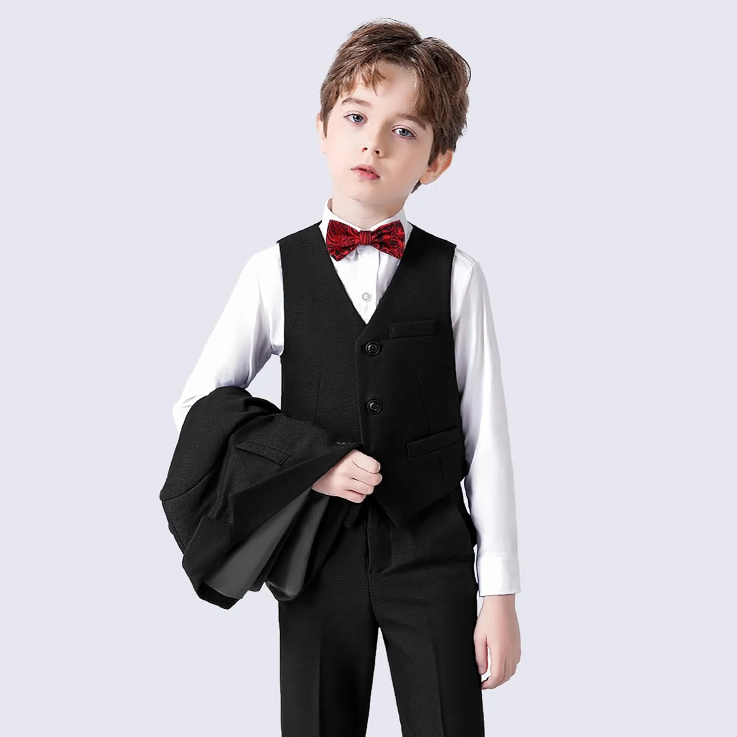 DISAUR Boy Suit 6 Pcs Boy Formal Wear Including Vest,Pants, Dress Shirt,Kerchief and Bow Tie for Formal Occasions 6-10 Years