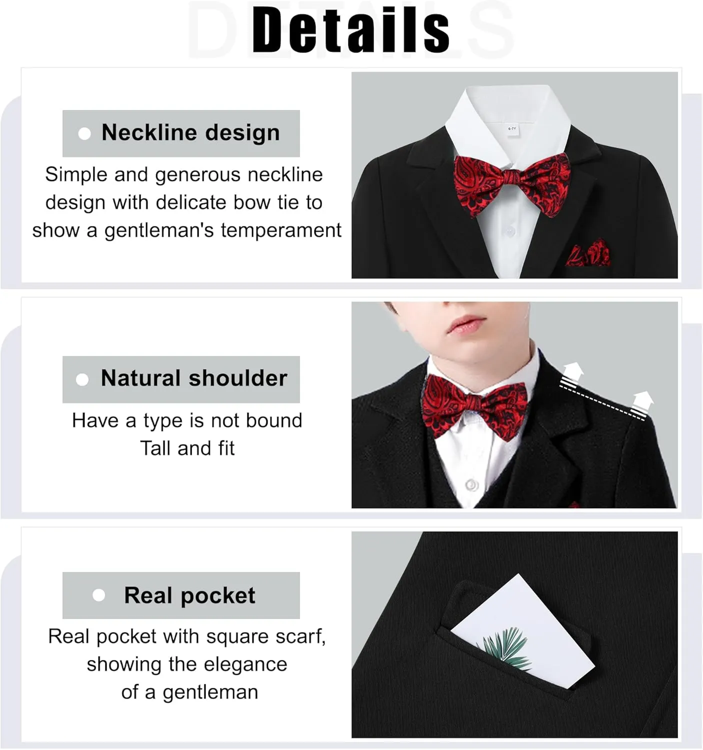 DISAUR Boy Suit 6 Pcs Boy Formal Wear Including Vest,Pants, Dress Shirt,Kerchief and Bow Tie for Formal Occasions 6-10 Years