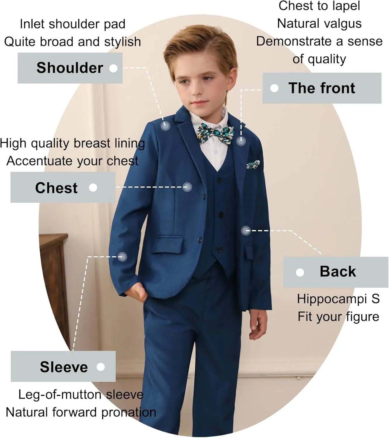 DISAUR Boy Suit 6 Pcs Boy Formal Wear Including Vest,Pants, Dress Shirt,Kerchief and Bow Tie for Formal Occasions 6-10 Years