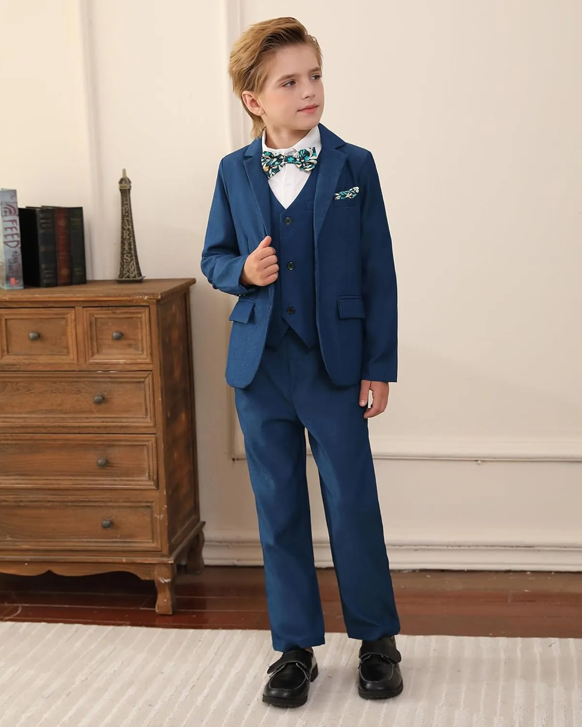 DISAUR Boy Suit 6 Pcs Boy Formal Wear Including Vest,Pants, Dress Shirt,Kerchief and Bow Tie for Formal Occasions 6-10 Years