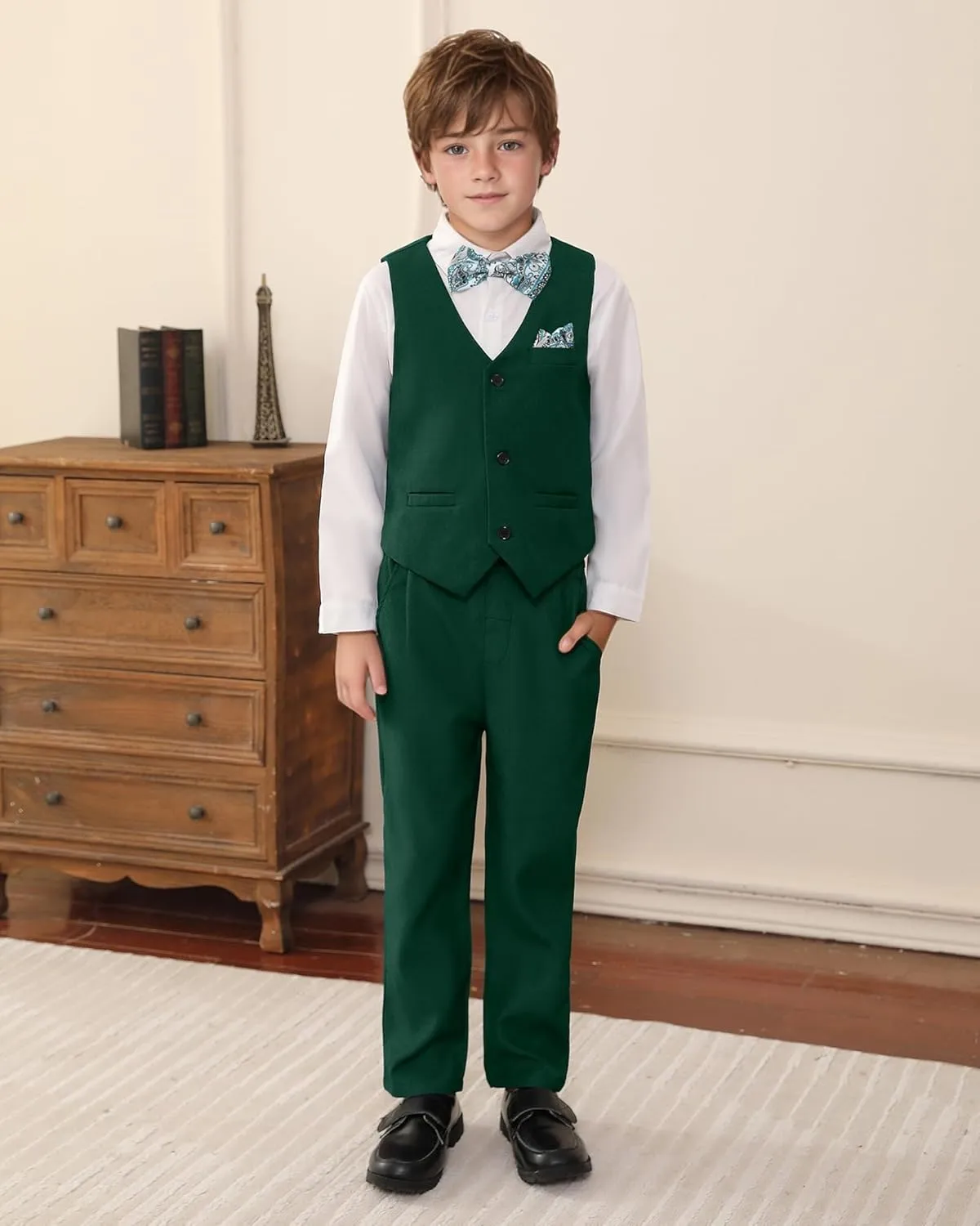 DISAUR Boy Suits 5 Pcs Slim Fit Suit Including Vest Pants Dress Shirt Bow Tie and kerchief for Formal Occasions 6-10 Years