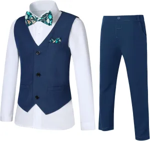 DISAUR Boy Suits 5 Pcs Slim Fit Suit Including Vest Pants Dress Shirt Bow Tie and kerchief for Formal Occasions 6-10 Years