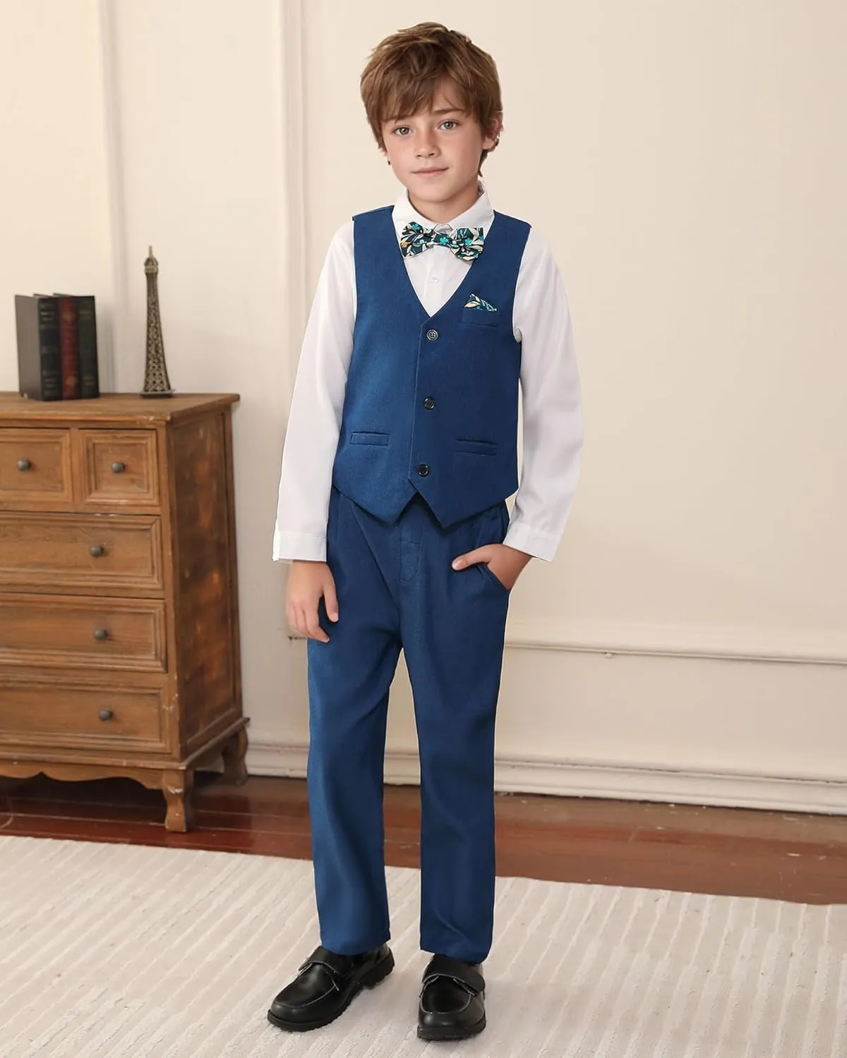 DISAUR Boy Suits 5 Pcs Slim Fit Suit Including Vest Pants Dress Shirt Bow Tie and kerchief for Formal Occasions 6-10 Years