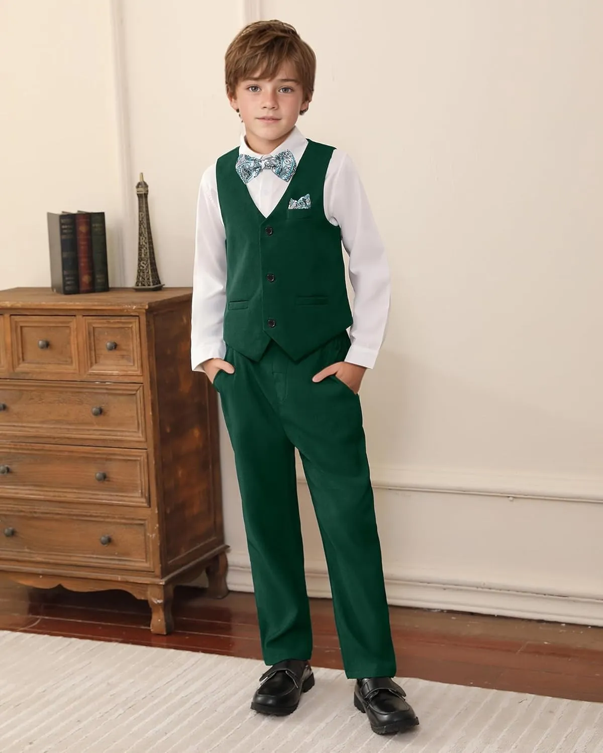 DISAUR Boy Suits 5 Pcs Slim Fit Suit Including Vest Pants Dress Shirt Bow Tie and kerchief for Formal Occasions 6-10 Years