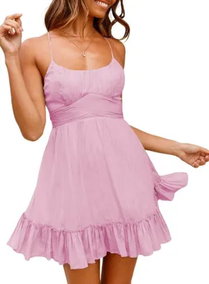 Dokotoo Women's Spaghetti Strap Dresses Scoop Neck Bow Backless Sleeveless Elastic Waist Ruffle Hem A-Line Casual Mini Dress