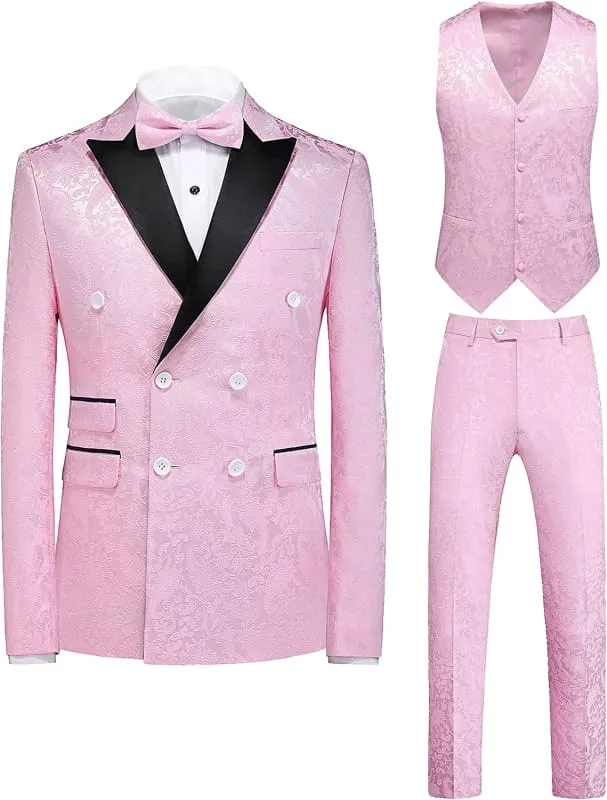 Double Breasted Pink Jacquard Three Pieces Wedding Suits Peaked Lapel Prom Suits