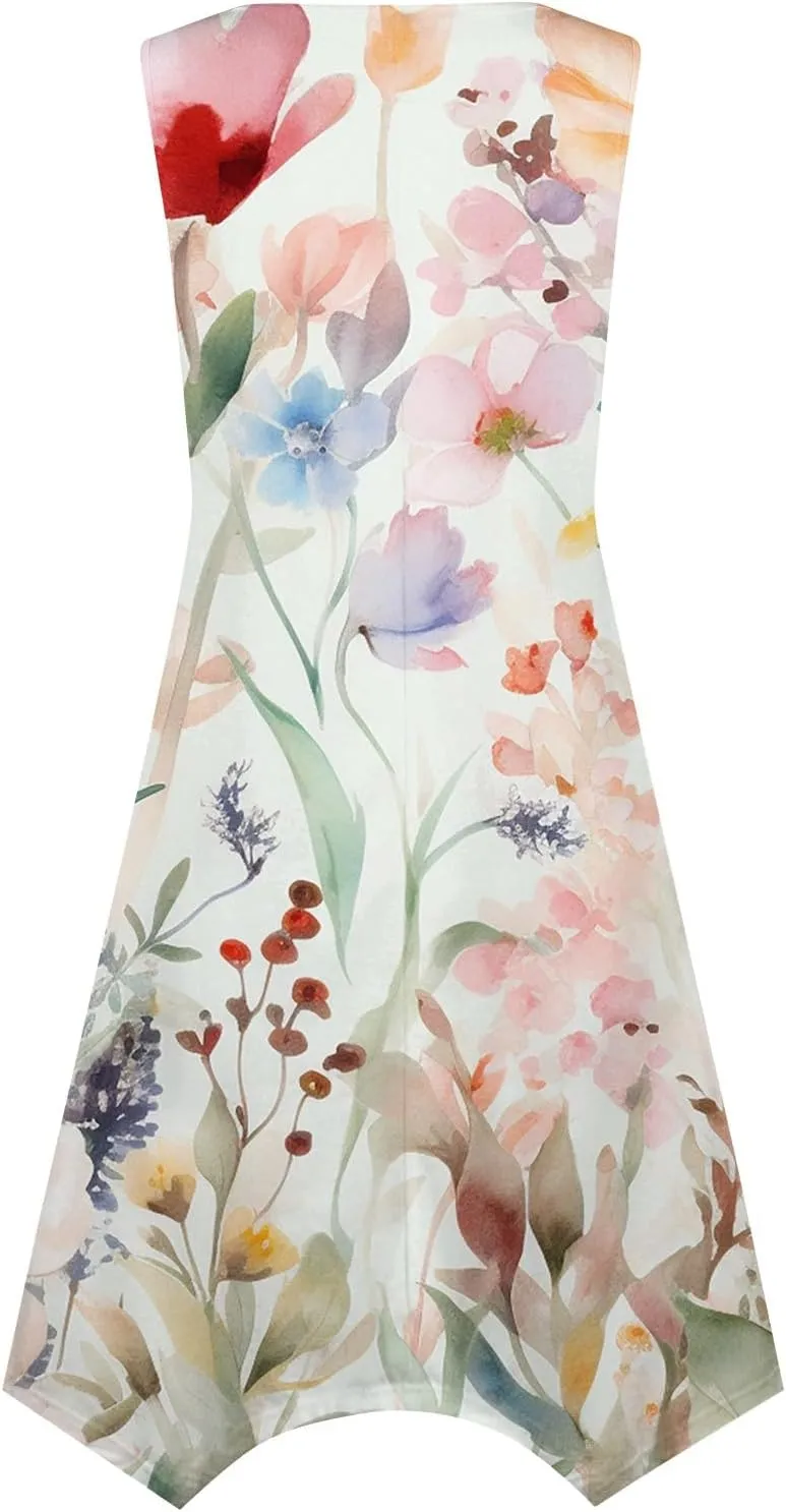 Dresses for Women 2024 Round Neck Floral Print Maxi Dress Sleeveless Flowy Beach Dresses Hankerchief Hem Dress