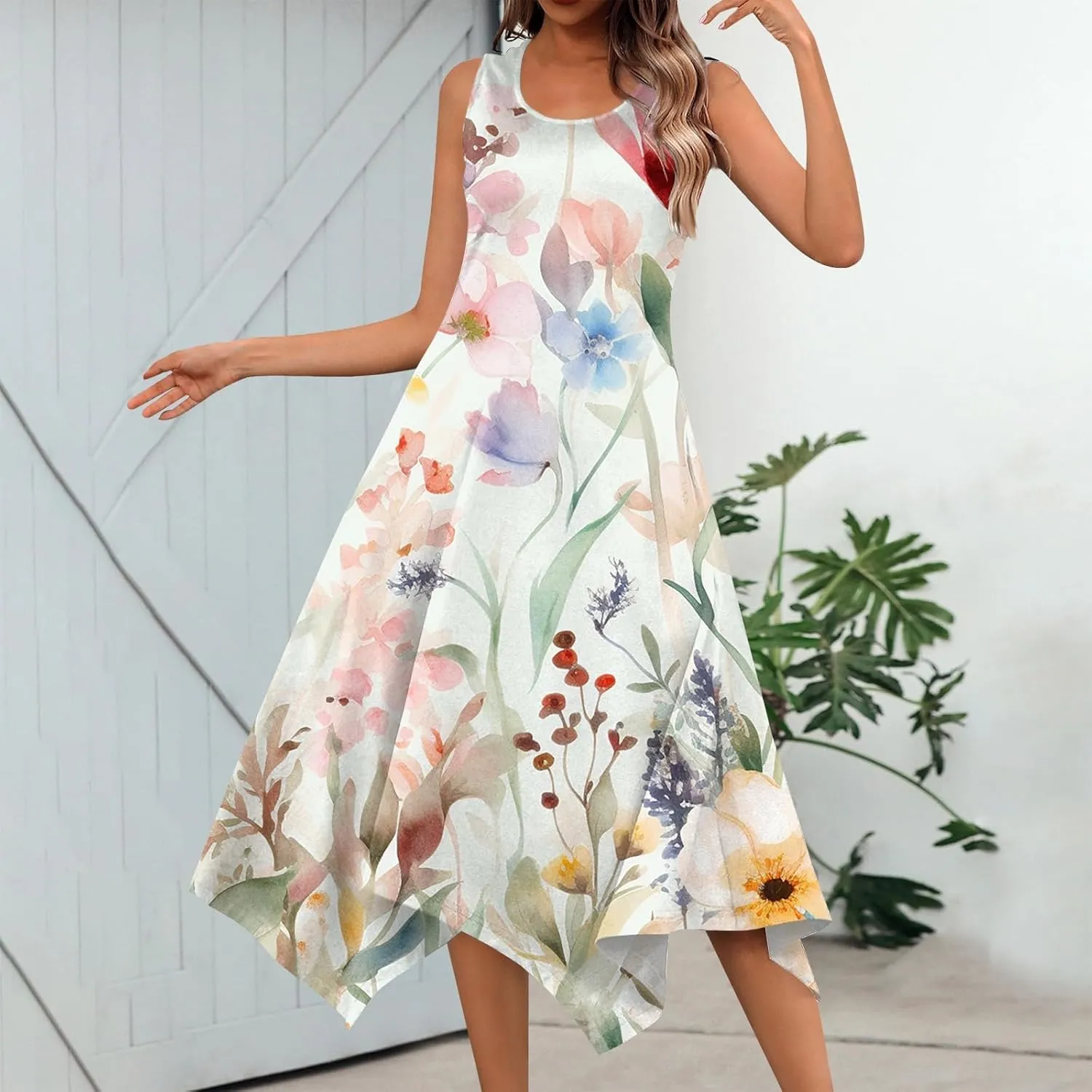 Dresses for Women 2024 Round Neck Floral Print Maxi Dress Sleeveless Flowy Beach Dresses Hankerchief Hem Dress