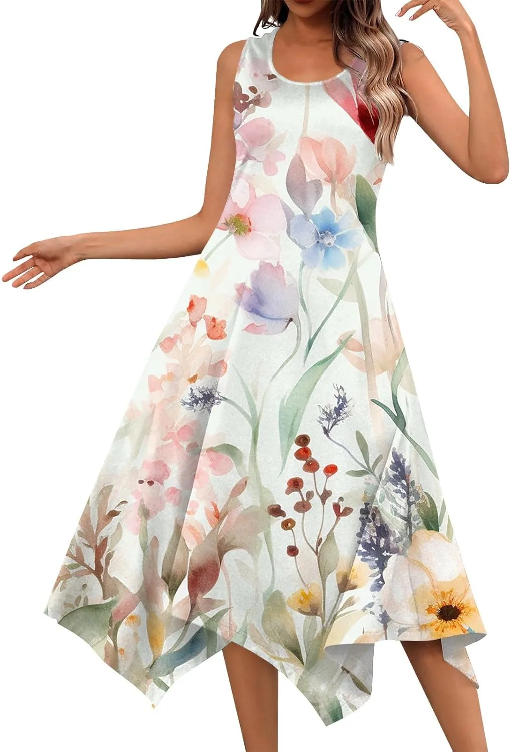 Dresses for Women 2024 Round Neck Floral Print Maxi Dress Sleeveless Flowy Beach Dresses Hankerchief Hem Dress