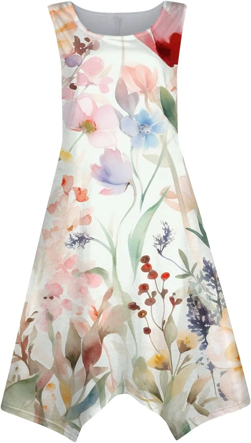 Dresses for Women 2024 Round Neck Floral Print Maxi Dress Sleeveless Flowy Beach Dresses Hankerchief Hem Dress